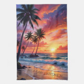 Aangepaste tropische strandzonsondergang | Kustkun Theedoek (Verticaal)