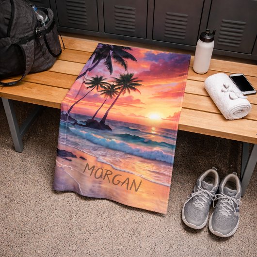 Aangepaste tropische strandzonsondergang | Kustspo Handdoek