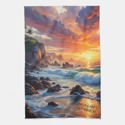 Aangepaste tropische zonsondergang kliffen - leven theedoek (Verticaal)