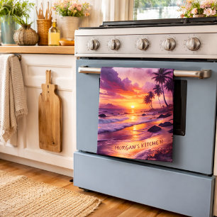 Aangepaste Tropische Zonsondergang Strand – Dromer Theedoek