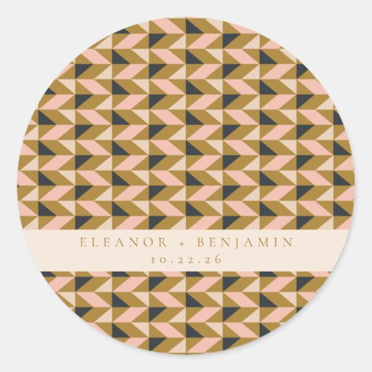 Aangepaste Trouw Blush Goud Zwart Geometrisch Chic Ronde Sticker (Voorkant)