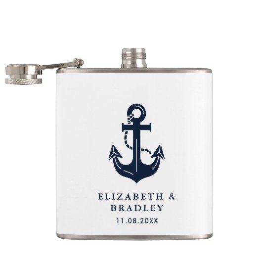 Aangepaste Trouwdag Nautilsche Navy Blauwe Anker Heupfles (Geopend)