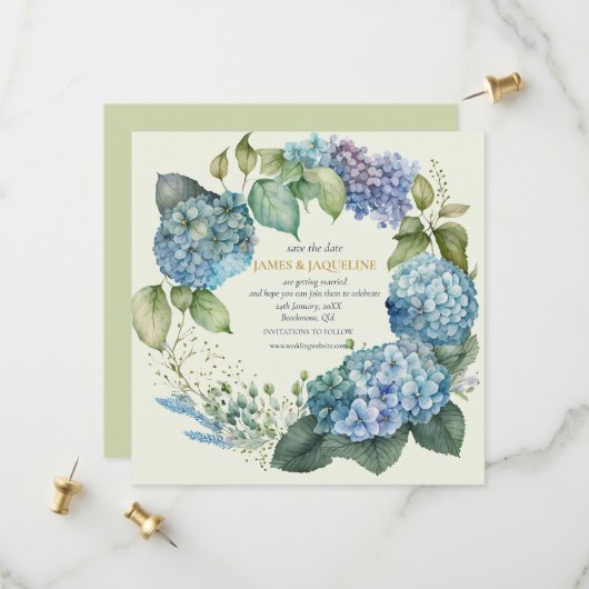 Aangepaste trouwdatum hydrangea's save the date (Voorkant / Achterkant in situ)