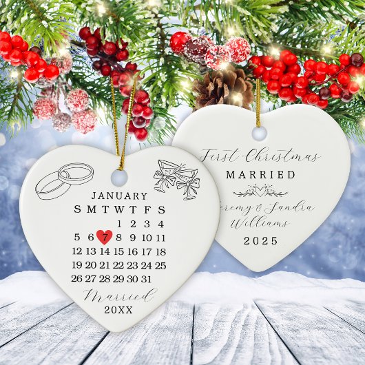 Aangepaste Trouwdatum Kalender Hart Kerstmis Keramisch Ornament
