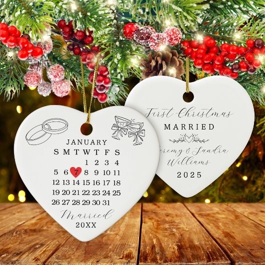 Aangepaste Trouwdatum Kalender Hart Kerstmis Keramisch Ornament