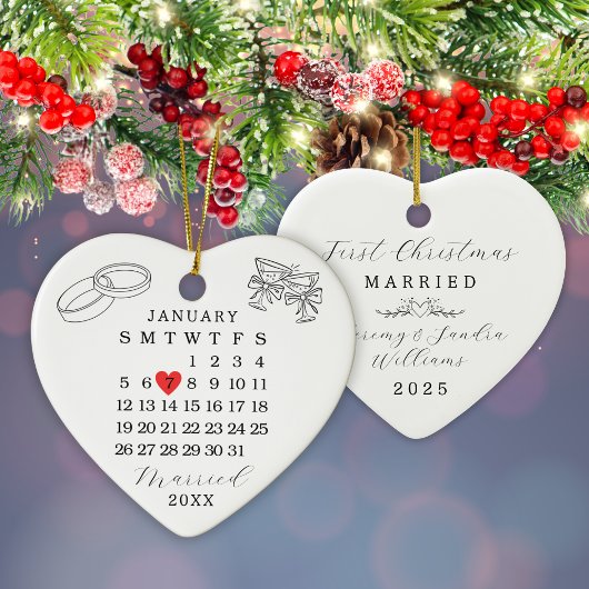 Aangepaste Trouwdatum Kalender Hart Kerstmis Keramisch Ornament