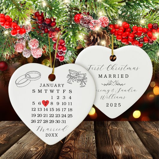 Aangepaste Trouwdatum Kalender Hart Kerstmis Keramisch Ornament