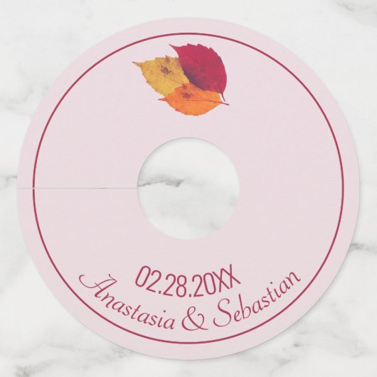 Aangepaste trouwdatum Kleurrijke herfstbladeren Wijnglaslabel (Voorkant)