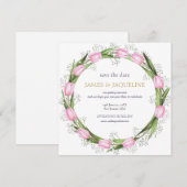 Aangepaste trouwdatum pink tulpenkrans save the date (Voorkant / Achterkant)