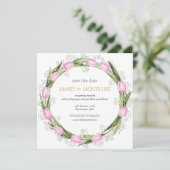 Aangepaste trouwdatum pink tulpenkrans save the date (Staand voorkant)