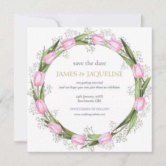 Aangepaste trouwdatum pink tulpenkrans save the date (Voorkant)