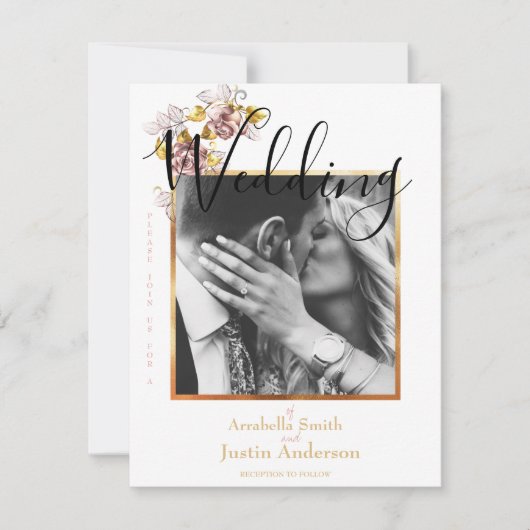Aangepaste Trouwfoto Bloemen Goud Script Wit Kaart (Voorkant)