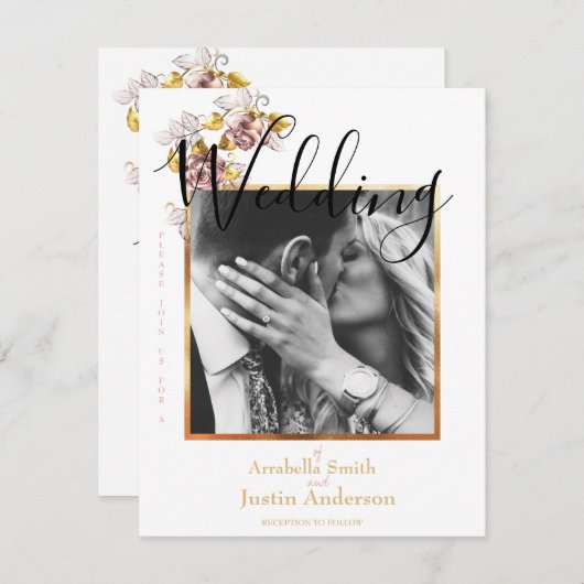 Aangepaste Trouwfoto Bloemen Goud Script Wit Kaart (Voorkant / Achterkant)