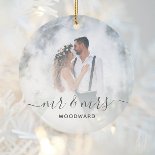 Aangepaste trouwfoto meneer en mevrouw Gray-script Keramisch Ornament