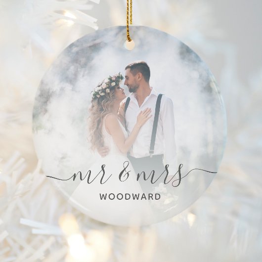 Aangepaste trouwfoto meneer en mevrouw Gray-script Keramisch Ornament