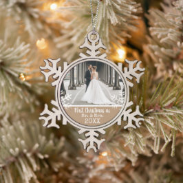 Aangepaste trouwfoto Tan Eerste kerst Mis & Mevrou Tin Sneeuwvlok Ornament