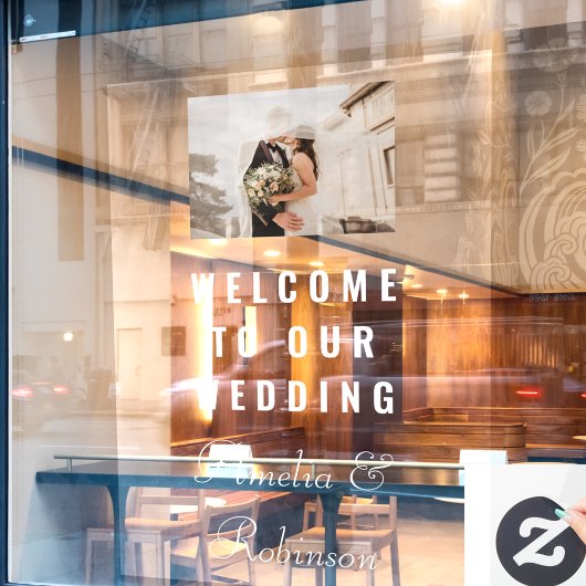 Aangepaste trouwfoto Welkom | Modern wit script Raamsticker