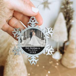 Aangepaste trouwfoto Zwart Eerste kerst Mijn & Mij Tin Sneeuwvlok Ornament