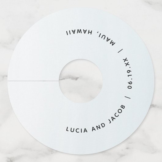 Aangepaste trouwlocatie met waterverf in oceaanbla wijnglaslabel (Voorkant)