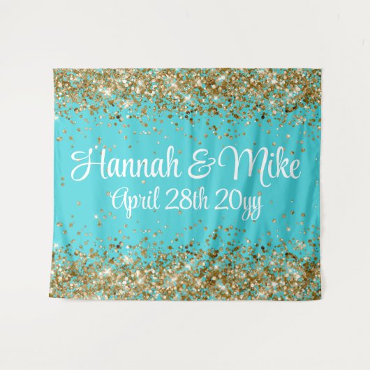 Aangepaste turquoise blauwe bruiloft foto booth Pr Wandkleed (Voorkant (horizontaal))