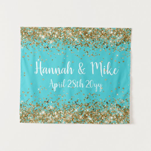 Aangepaste turquoise blauwe en gouden bruiloft Pho Wandkleed (Voorkant (horizontaal))