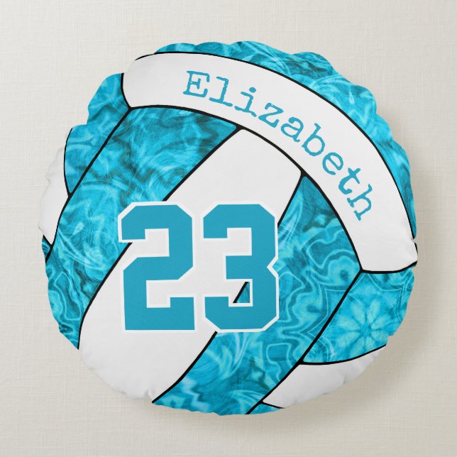 aangepaste turquoise - blauwe volleybal rond kussen (Voorkant)