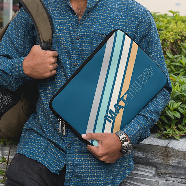 Aangepaste Turquoise Blauwgroen Blauwe Gele Stripe Laptop Sleeve (Creator heeft geüpload)