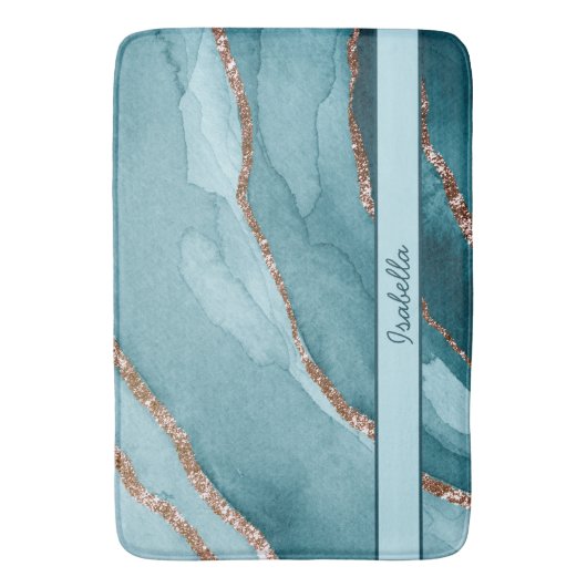Aangepaste Turquoise Blauwgroen Gold Marble Agate Badmat (Voorkant Verticaal)