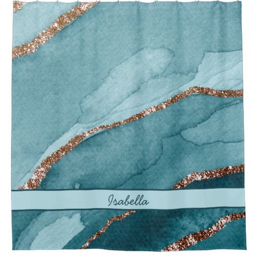 Aangepaste Turquoise Blauwgroen Gold Marble Agate Douchegordijn (Voorkant)