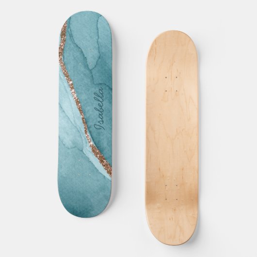 Aangepaste Turquoise Blauwgroen Gold Marble Agate Persoonlijk Skateboard (Voorkant)