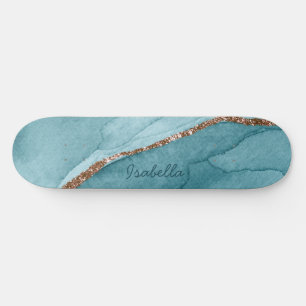 Aangepaste Turquoise Blauwgroen Gold Marble Agate Persoonlijk Skateboard