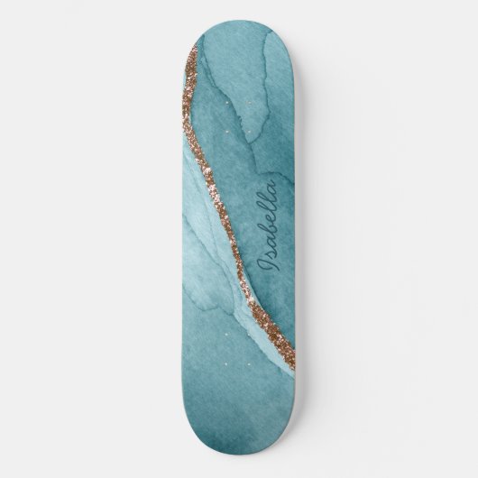 Aangepaste Turquoise Blauwgroen Gold Marble Agate Persoonlijk Skateboard (Voorkant)