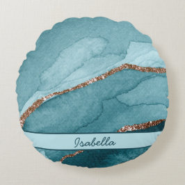 Aangepaste Turquoise Blauwgroen Gold Marble Agate Rond Kussen
