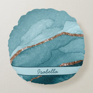 Aangepaste Turquoise Blauwgroen Gold Marble Agate Rond Kussen