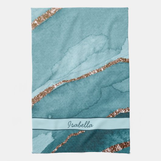 Aangepaste Turquoise Blauwgroen Gold Marble Agate Theedoek (Verticaal)