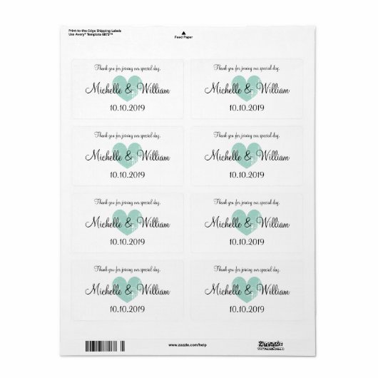 Aangepaste turquoise hart bruiloft water fles labe etiket (Full Sheet)