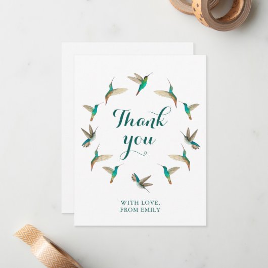 Aangepaste turquoise kolibries dank u notitiekaartje (Voorkant / Achterkant in situ)