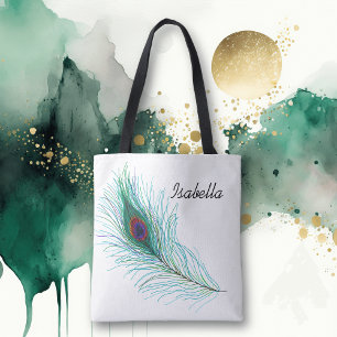 Aangepaste turquoise Peacock Feather Tote Bag