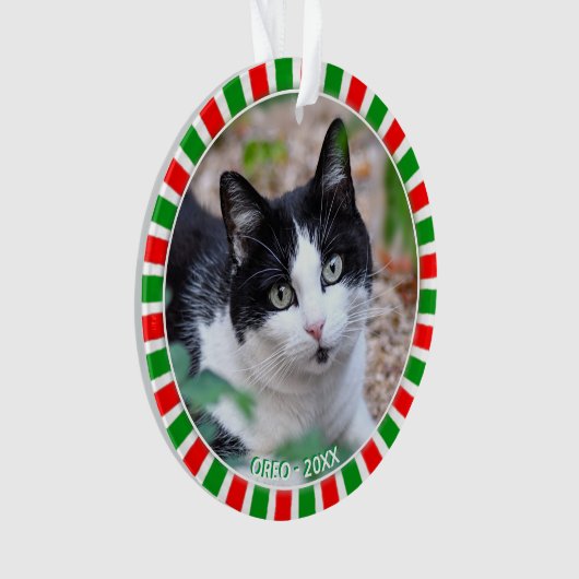 Aangepaste tuxedo katfoto en groen rood lijst ornament (voorkant)