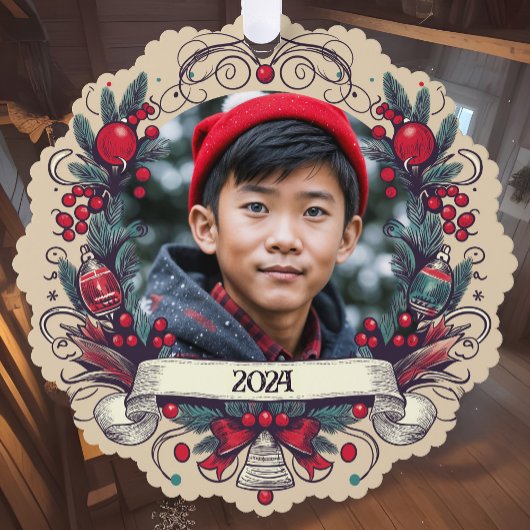 Aangepaste twee foto feestelijke kerstkrans vakant ornament kaart