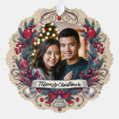 Aangepaste twee foto feestelijke kerstkrans vakant ornament kaart (Achterkant)