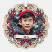 Aangepaste twee foto feestelijke kerstkrans vakant ornament kaart (Voorkant)