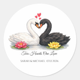 Aangepaste Twee Harten Eén Liefde Zwanen Huwelijks Ronde Sticker