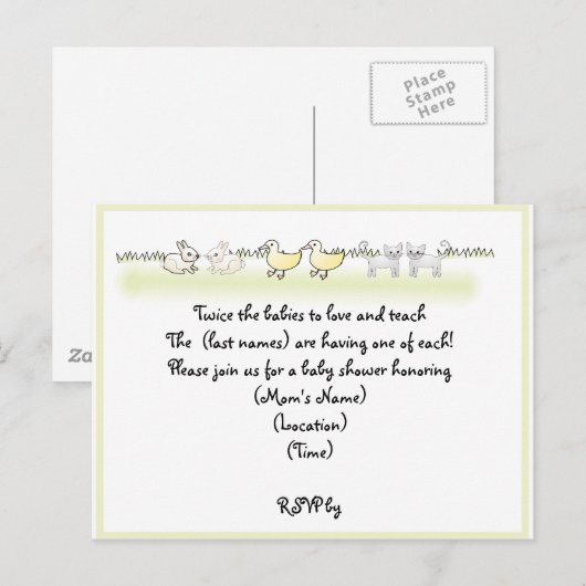 Aangepaste Twin Animals Baby shower Uitnodiging (Voorkant / Achterkant)