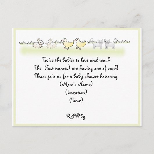 Aangepaste Twin Animals Baby shower Uitnodiging Briefkaart (Voorkant)
