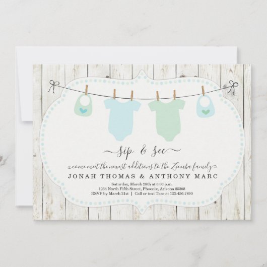 Aangepaste Twin Boys Sip en zie Uitnodiging (Voorkant)