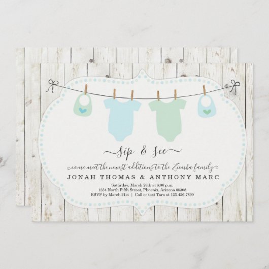 Aangepaste Twin Boys Sip en zie Uitnodiging (Voorkant / Achterkant)