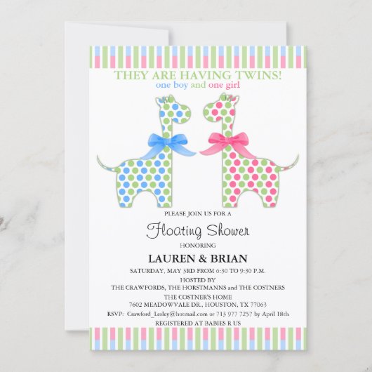 Aangepaste Twin Giraffe Drijvende Baby Shower Kaart (Voorkant)