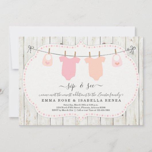 Aangepaste Twin Girls Sip en zie Uitnodiging (Voorkant)