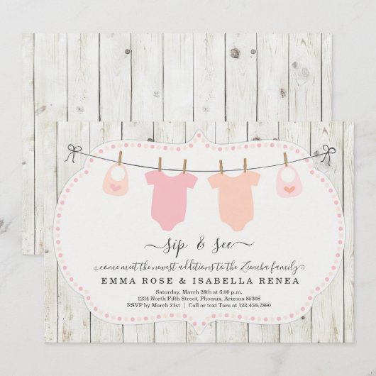Aangepaste Twin Girls Sip en zie Uitnodiging (Voorkant / Achterkant)